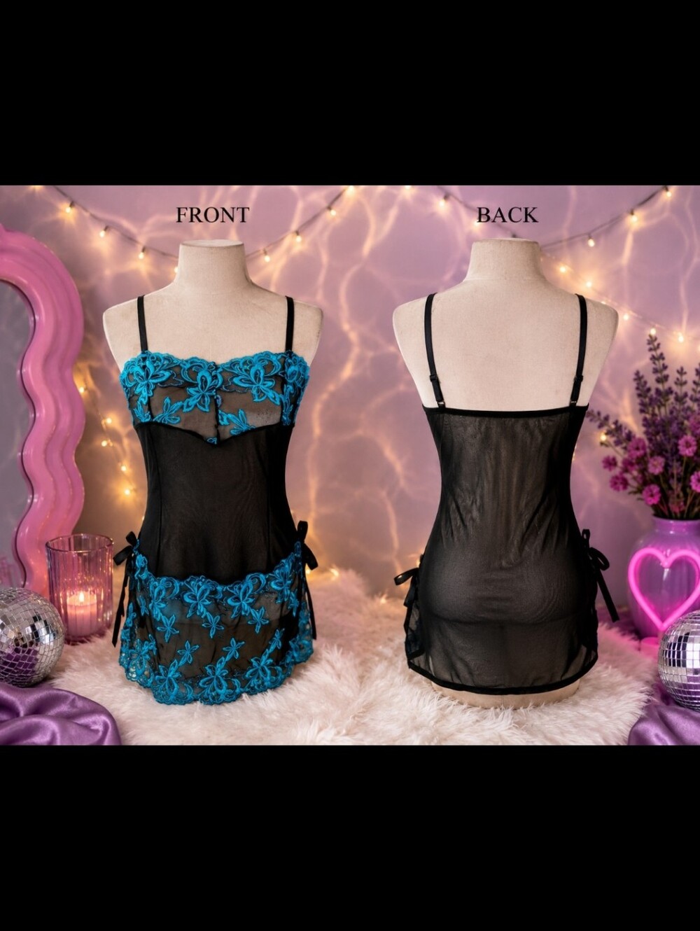 NWOT ~ Blue & Purple Embroidered Sheer Floral Chemise w/ Satin Bows